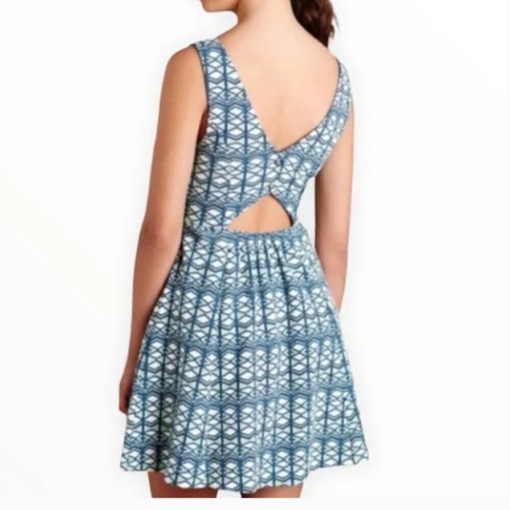 NWT Anthropologie Maeve Green/Blue Motif Print Cutout Skater Fit and Flare Dress